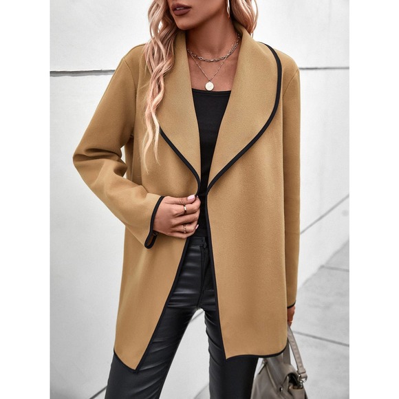 Contrast Binding Shawl Collar Open Front Overcoat pea coat tan camel - Picture 6 of 6